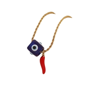 Golden twist chain necklace with blue evil eye bead and red chili pepper pendant