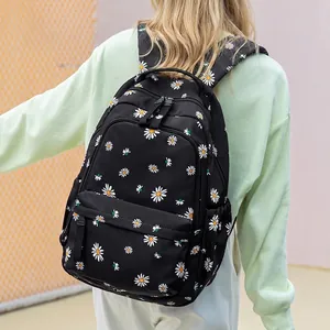 Large Capacity Backpack Girls Aesthetic Daisy Floral Pattern Cute Puppy Polyester Water Resistant Schoolbag For Teens