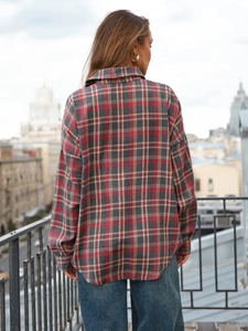 Classic plaid long sleeve button-up shirt for women in red and grey grid, back view style