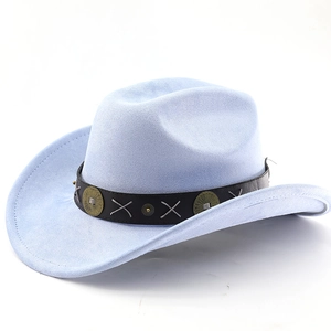 Detail of light blue suede cowboy hat with decorative leather band and vintage metal conchos