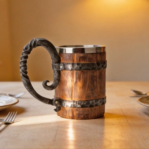 Detail of 304 stainless steel liner and black spiral handle on a rustic wooden mug