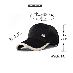 Detailed size guide for the black baseball cap showing height, brim, and head circumference