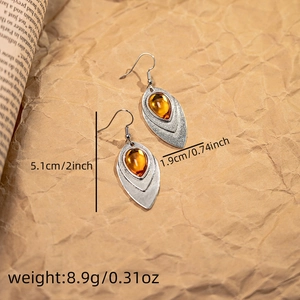 Detailed size specifications for bohemian vintage silver waterdrop earrings with amber stone