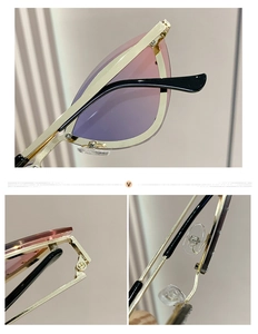Détails de lunettes de soleil œil-de-chat dorées avec verres dégradés et plaquettes
