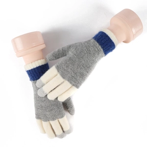 Winter wool knitted touchscreen gloves in grey and beige gradient with striped cuffs