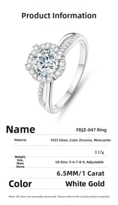 Detail view of 1ct Moissanite halo ring in S925 sterling silver with adjustable band