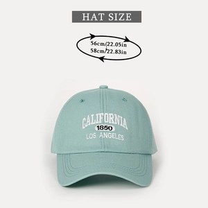 Detailed size chart for mint green California baseball cap showing 56cm to 58cm fit