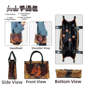 Detail view of women's PU handbag featuring orange dragon print and internal compartments
