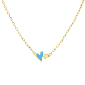 Minimalist double heart pendant necklace with blue enamel and gold finish on chain