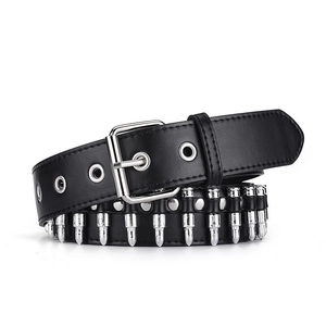 Punk black leather belt with silver metal bullet rivets and square pin buckle