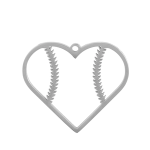 Close-up of a silver heart-shaped pendant with detailed baseball stitching engraving