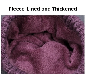 Close-up of the thick purple fleece lining inside the knitted winter hat for warmth