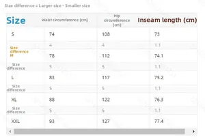 Detailed size chart for corduroy cargo pants including waist and hip measurements