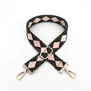 Ethnic style adjustable nylon shoulder strap with green and pink diamond pattern