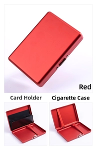 Macro detail of red aluminum cigarette case showing dual-use internal card holder slots