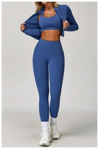 Ensemble de sport 3 pièces bleu Klein pour femme avec veste zippée et legging ajusté