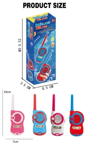 Detailed product size guide for kids walkie talkie set in multiple colors and packaging