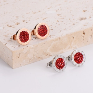Stainless Steel Round Stud Earrings Red Crystal Pavé Roman Numerals Engraved Retro Style For Women