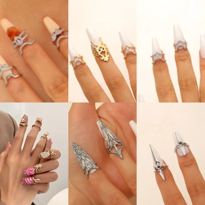 Set of zircon inlaid nail rings in gold and silver finish with various butterfly designs