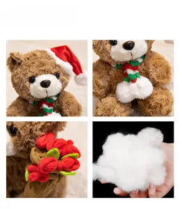 Close-up of soft brown teddy bear showing Christmas scarf and plush cotton filling detail