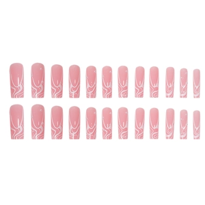 Long square press-on nails in pink and white wave patterns with delicate pearl accents