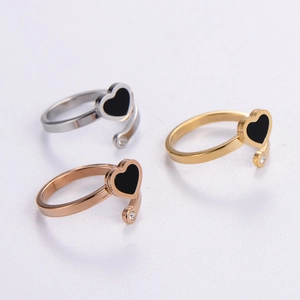 Heart Ring 316L Stainless Steel Black Enamel Cubic Zirconia Adjustable Open Band Fashion Jewelry For Women