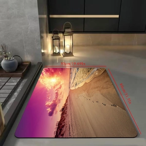 Detailed view of diatomite bath mat with sunset beach design in 50x80cm dimensions