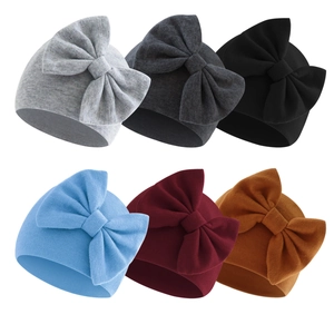 Set of 6 double-layer knit baby beanies with large bows in various colors
