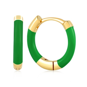 Macro detail of gold hoop earrings with green enamel finish and S925 silver needles