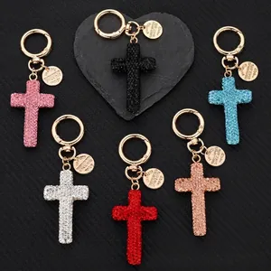 Full Rhinestone Cross Keychain Alloy Gold Plated Religious Key Ring Bag Charm Car Accessory For Women Men Sparkling Gift