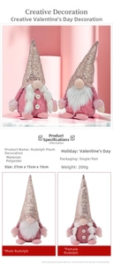 Close-up of pink sequined gnome dolls for Valentine decorations showing detailed dimensions