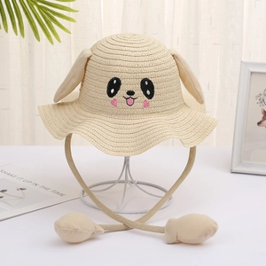 Cute beige woven straw sun hat for children with movable rabbit ears and animal face
