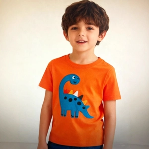 Boys T-Shirt Cotton Short Sleeve Dinosaur Applique Embroidery Crew Neck Breathable Summer Casual Kids Orange