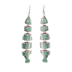 Exaggerated fish bone wooden dangle earrings with mint green and black pattern