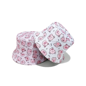 Pink and white summer bucket hats with cute cartoon pig prints for sun protection