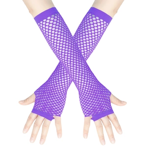Detail of bright purple fishnet long fingerless gloves with elastic nylon mesh texture