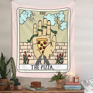 Detail of The Pizza tarot tapestry with a hand, green snake, and wolves in home setting