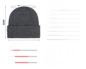 Detailed view of gray flat knit beanie for women with dimensions 22cm by 23cm