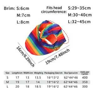 Detailed size chart for dog baseball cap with measurements for S, M, and L sizes
