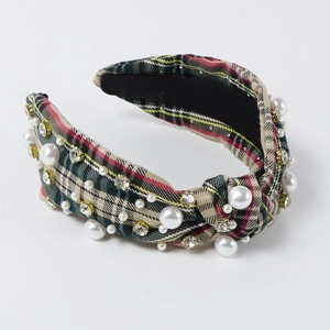 Vintage plaid headband with faux pearls and rhinestones on a stylish wide knotted base
