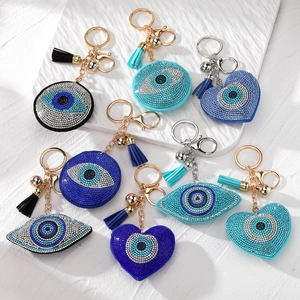 Evil Eye Keychain Heart Shape Rhinestone Tassel Bag Charm Alloy Leather Pendant Accessory For Women Gift
