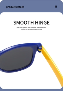 Detailed close-up of smooth and durable metal hinge on blue children's sunglasses