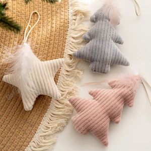 Corduroy Christmas ornaments set with plush feathers and silver stripes in neutral tones