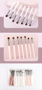 Detail view of 7-piece horse hair eyeshadow brush set available in three colors