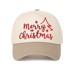 Detailed embroidery of Red Merry Christmas text and tree on two-tone cotton baseball cap