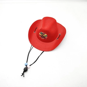 Close-up of red mini cowboy hat for pets with Thanksgiving turkey print and beaded drawstring