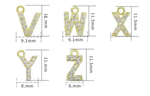 Detailed size chart showing dimensions for V W X Y Z gold zircon letter pendants