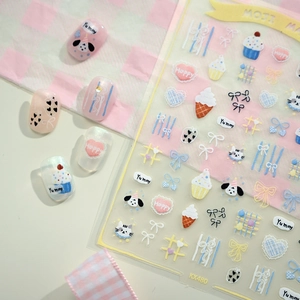 Cute cartoon puppy and cat nail art stickers set with colorful macaroon dessert patterns