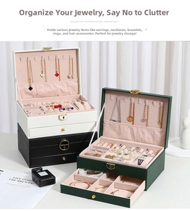 Three-tier PU leather jewelry box with metal lock and multi-functional inner compartments
