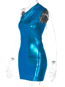 Detail of blue metallic fabric with reflective mirror shine on a one-shoulder bodycon dress